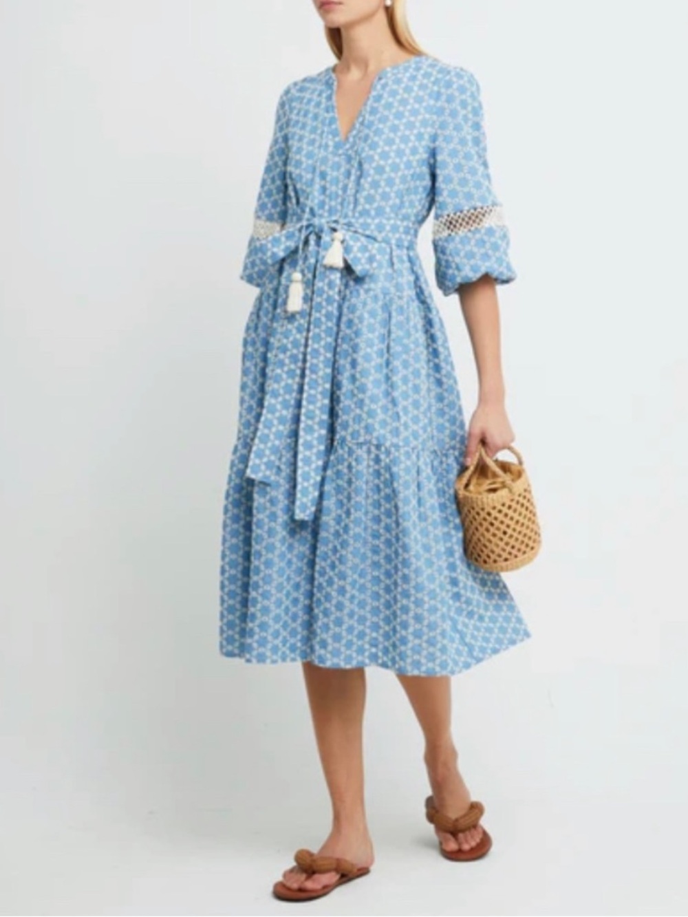 o.p.t. Eyelet Midi Dress with Tie Waist Crochet Detail
